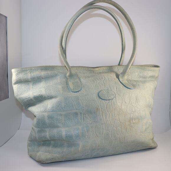 Terrida Italy Blue Croc-Embossed Leather Tote Shoulder Bag Large - Picture 1 of 10